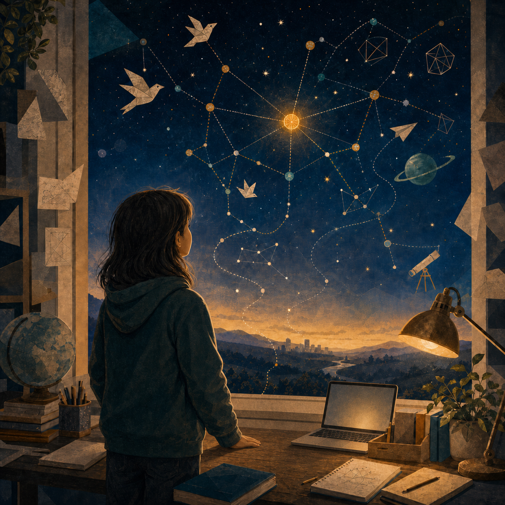Illustration of a child looking toward a future sky of idea paths.