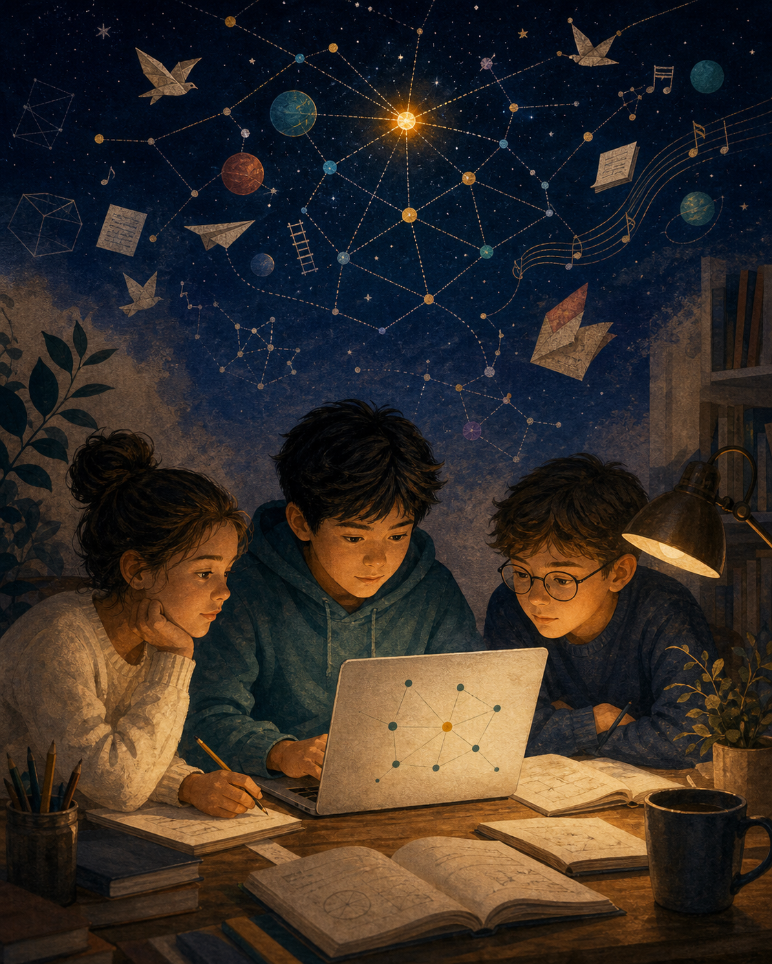 Illustrated children studying around a laptop beneath a sky of idea constellations and an amber north star.